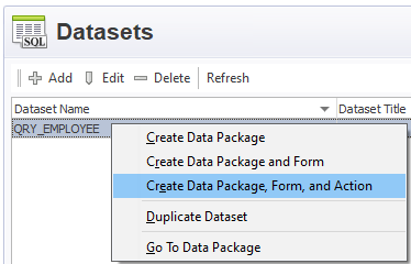 Create Data Package, Form, and Action